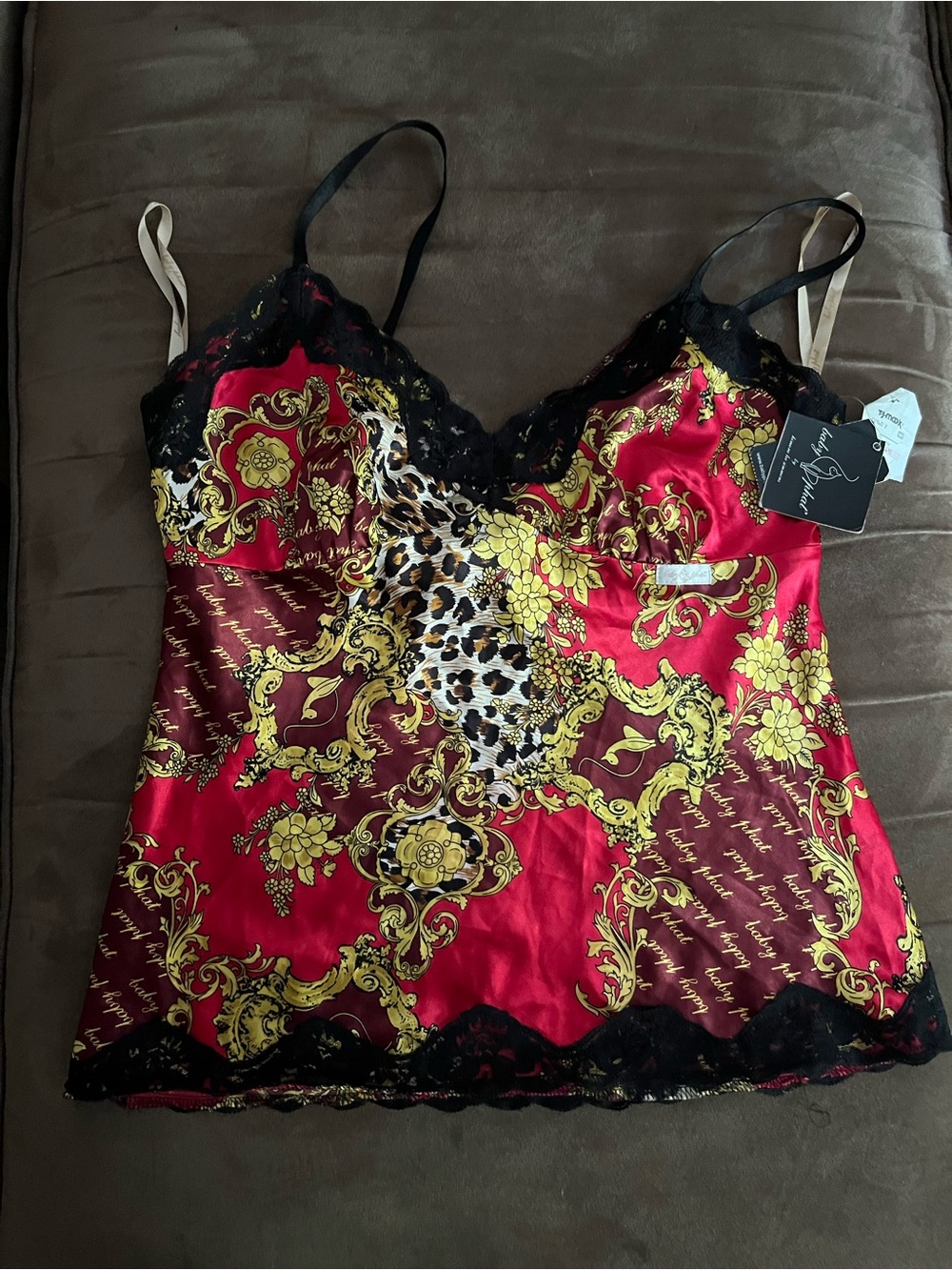 Baby Phat Red & Gold Baroque Satin Cami with Leopard Accent